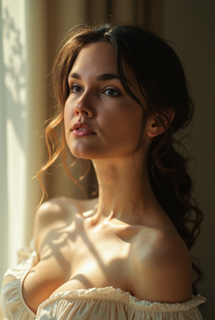 photograph of a 20-year-old woman, masterpiece, no bra, large breasts, underwear, transparent black panties, (hyper realistic); (HDR); Realistic ilumination, 4K, only fans style, volumetric ilumination, realistic ilumination, maximalist photo 8k resolution, intricately detailed, complex, elegant, expansive, fantastica), high quality,(RAW photo, best quality),hollywood lips, wide jaw line, wide lips, narrow beautiful nose