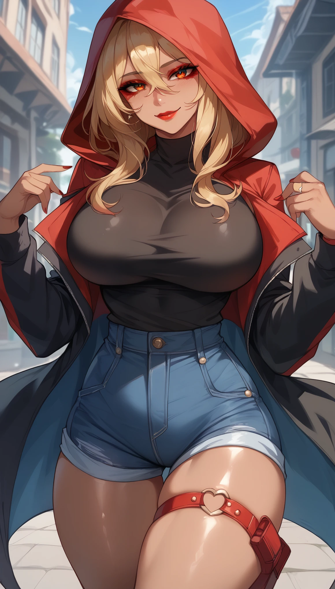  perfect eyes、 perfectly sexy face、Ultra Detailed、Red Hood、GODDESS OF VICTORY: nod、shiny hair、( Big breasts ), black shirt、black jacket、Tight Waist、thin waist、 dark blue denim shorts、 Thigh straps 、shiny skin、 tanned skin 、Beleza、erotic、Red Eyeliner、 red lips、wicked smile、 looking at the viewer 、