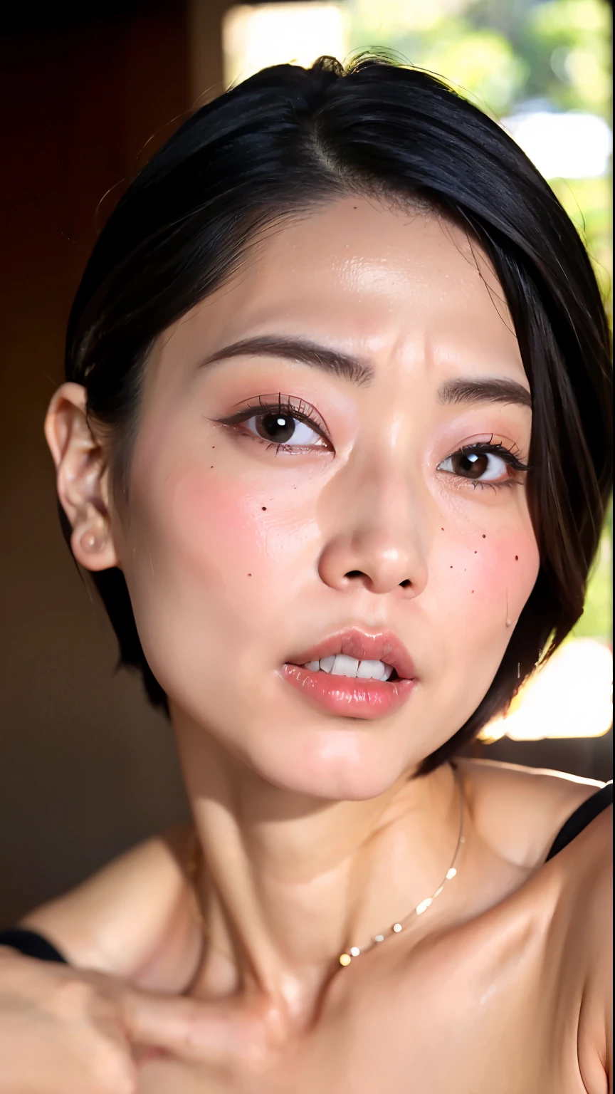NSFW,(Masseter region:1.3)、(8k、Realistic、 RAW photos from the last century、Best Quality: 1.4)、( one girl playing pranks)、 beautiful face、( vibrant face )、( short hair:1.5, shiny dark hair 、I can see the ears)、 beautiful hairstyle、Realistic eyes、beautiful details、(Realistic Skin)、Beautiful Skin、Completely naked、 absurd、charm、超 Hi-Res、 surreal、 Hi-Res、Around 30 years old、 small breasts、 cowboy shot