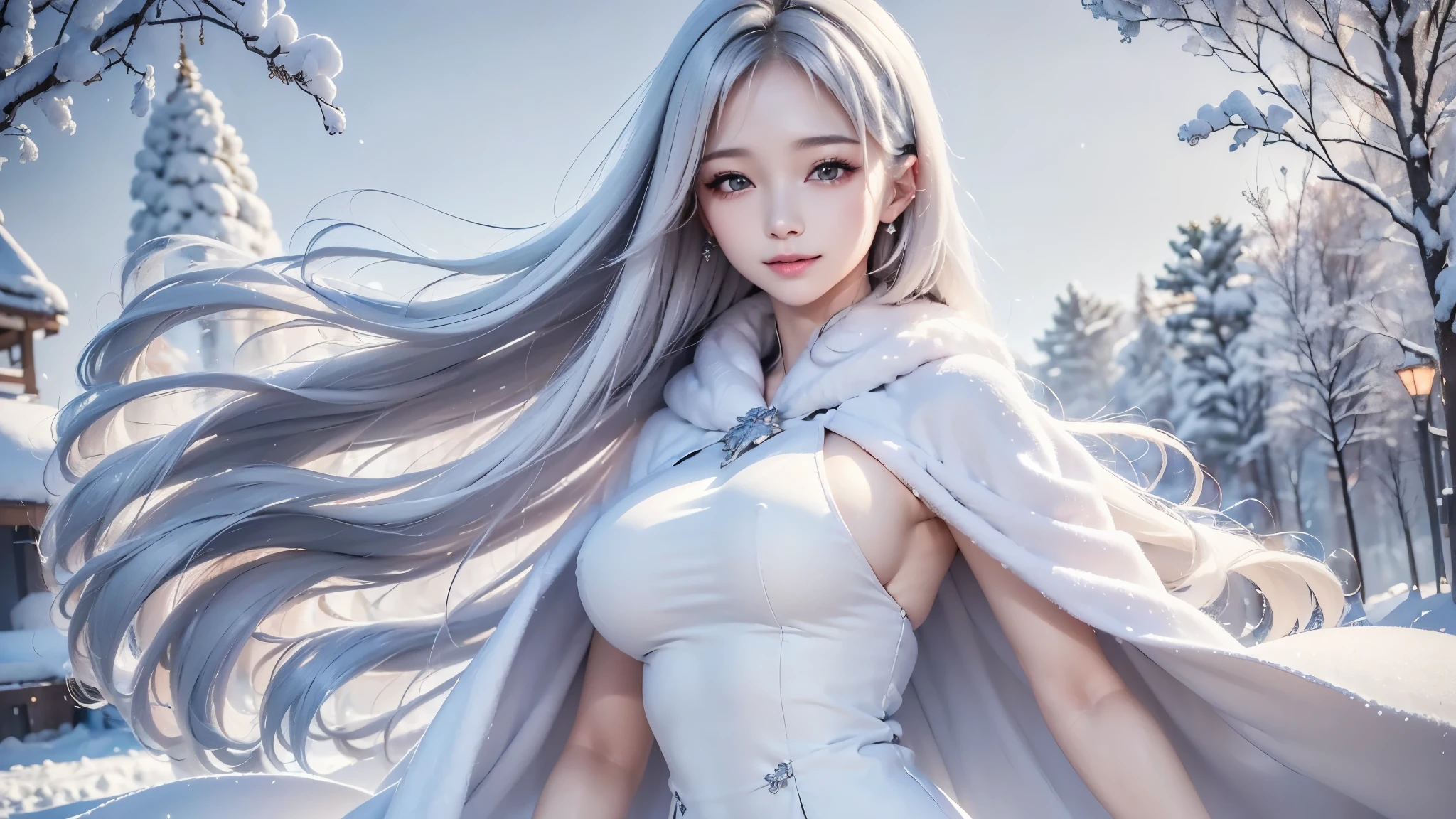 2.8D illustration, ((masterpiece:1.5、8k、Portraiture、フォトリアリスティックでVery detailedなCG、Very detailed、Particle Effects、Dynamic Effects、Shallow depth of field、Cinematic Light、Lens flare、Ray Tracing、Tabletop、Realistic:1.4、Ultra-high resolution:1.2、Realistic、Realistic))((alone、,A woman wearing a cashmere coat:1.4、Elegant woman posing、Detailed face:1.5、aqua eyes、Ample breasts、sideboob, Best Looks、Ultimate beauty、Shiny silver hair with highlights、bright and shiny hair,、Super long, Silky straight hair、Hair dancing in the wind))(morning、The setting is outdoors in the snow、Surrounded by illuminations). winter girl. face:sweet girl.
