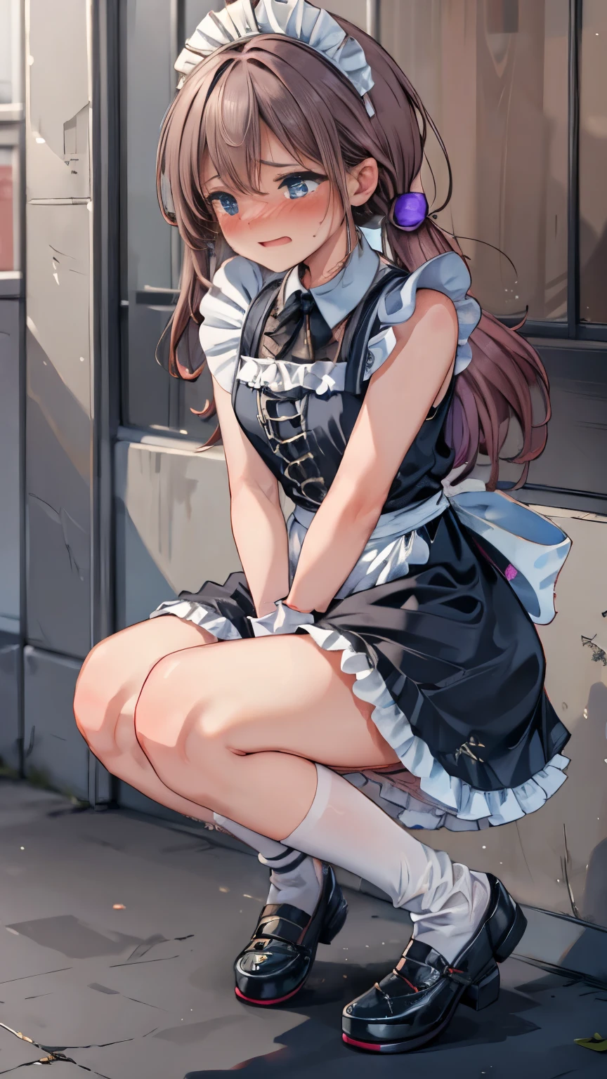 (8K, ultra-detailed, best quality, anatomically perfect body:2), (middle breast:1.2), shiny skin, (1 girl), (have to pee), (urge to pee), (very desperate to pee), girls Waiting line for the restroom, (fidget:2), (transparent peeing, wetting self:0.1), (Victorian maid:1.5), (mary Jane shoes:1.3), (leaning backward:1.3), (shrugs:1.6), (orgasm:1.1), (full face blush:1.7), (embarrassment:1.6), (impatience:1.5), (flustered:1.5), (flowing sweat:0.7), (twist whole body:1.6), (panting), breathless, (Humiliation:1.2), (Erotic feelings), (closed eyes:0.7), (looking away), (tear:1.4), (head tilt:1.2), (closed mouth:0.7), (SIGMA 105 mm F/2.8, 1/100 sec shutter, award-winning), nsfw,