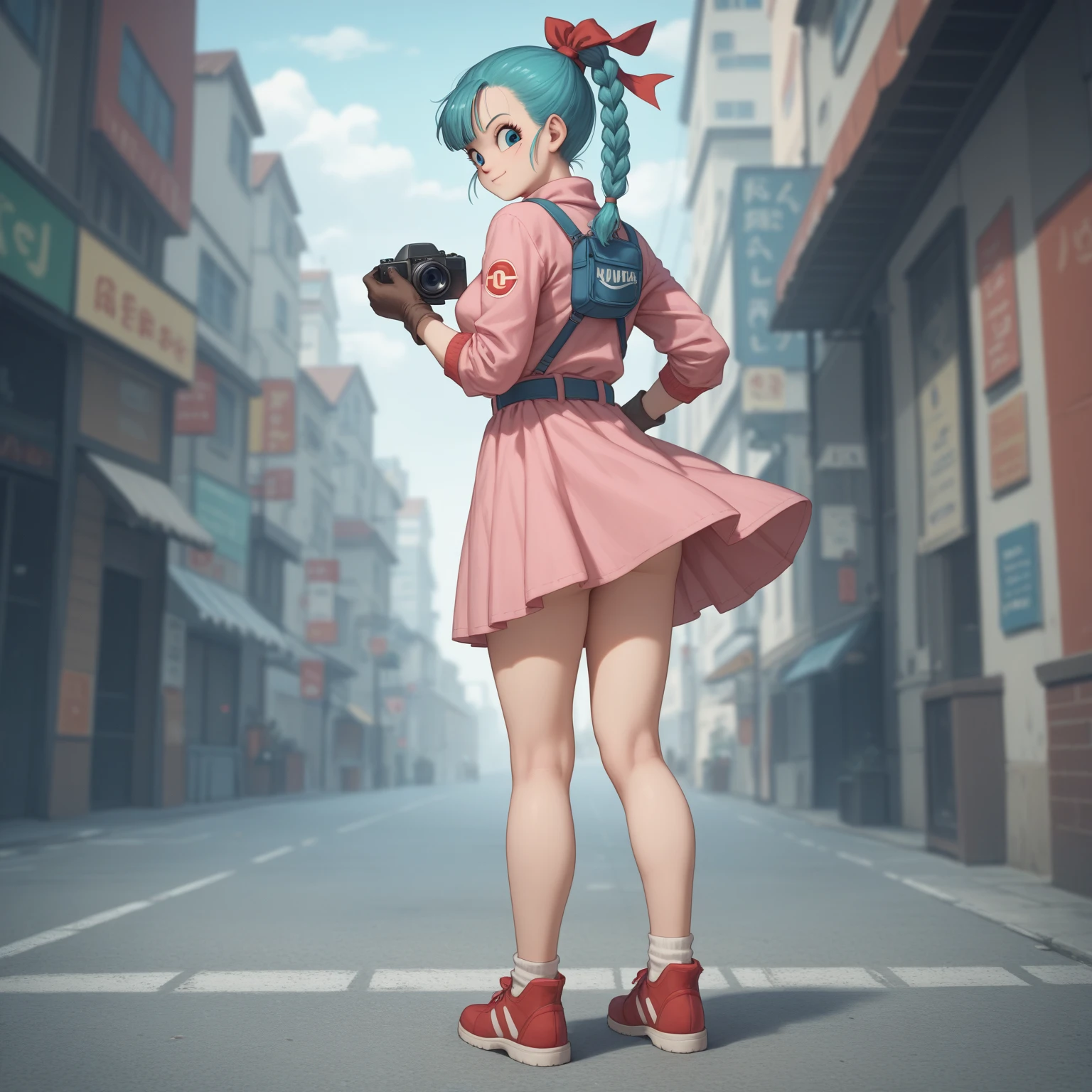 masterpiece, best quality, high resolution, dragon ball, blmpony, aqua hair, hair ribbon, braided ponytail, pink shirt, belt, scarf, pink skirt, clothes writing, brown gloves, medium breasts, in back pose, back wards looking camera, smile, show her booty, show ass, ultra mini dress,Anime,bulma (WIND LIFTING HER SKIRT) (detailed:1.3), ultra high res, ultra detailed, Highly detailed face and skin texture, detailed eyes ( FULL BODY) 1girl.