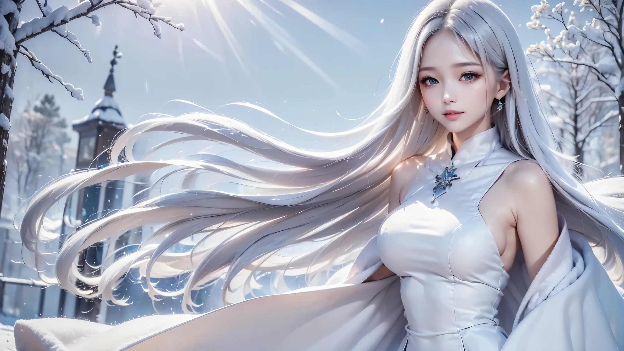 2.8D illustration, ((masterpiece:1.5、8k、Portraiture、フォトリアリスティックでVery detailedなCG、Very detailed、Particle Effects、Dynamic Effects、Shallow depth of field、Cinematic Light、Lens flare、Ray Tracing、Tabletop、Realistic:1.4、Ultra-high resolution:1.2、Realistic、Realistic))((alone、,A woman wearing a cashmere coat:1.4、Elegant woman posing、Detailed face:1.5、aqua eyes、Ample breasts、sideboob, Best Looks、Ultimate beauty、Shiny silver hair with highlights、bright and shiny hair,、Super long, Silky straight hair、Hair dancing in the wind))(morning、The setting is outdoors in the snow、Surrounded by illuminations). winter girl. face:sweet girl.
