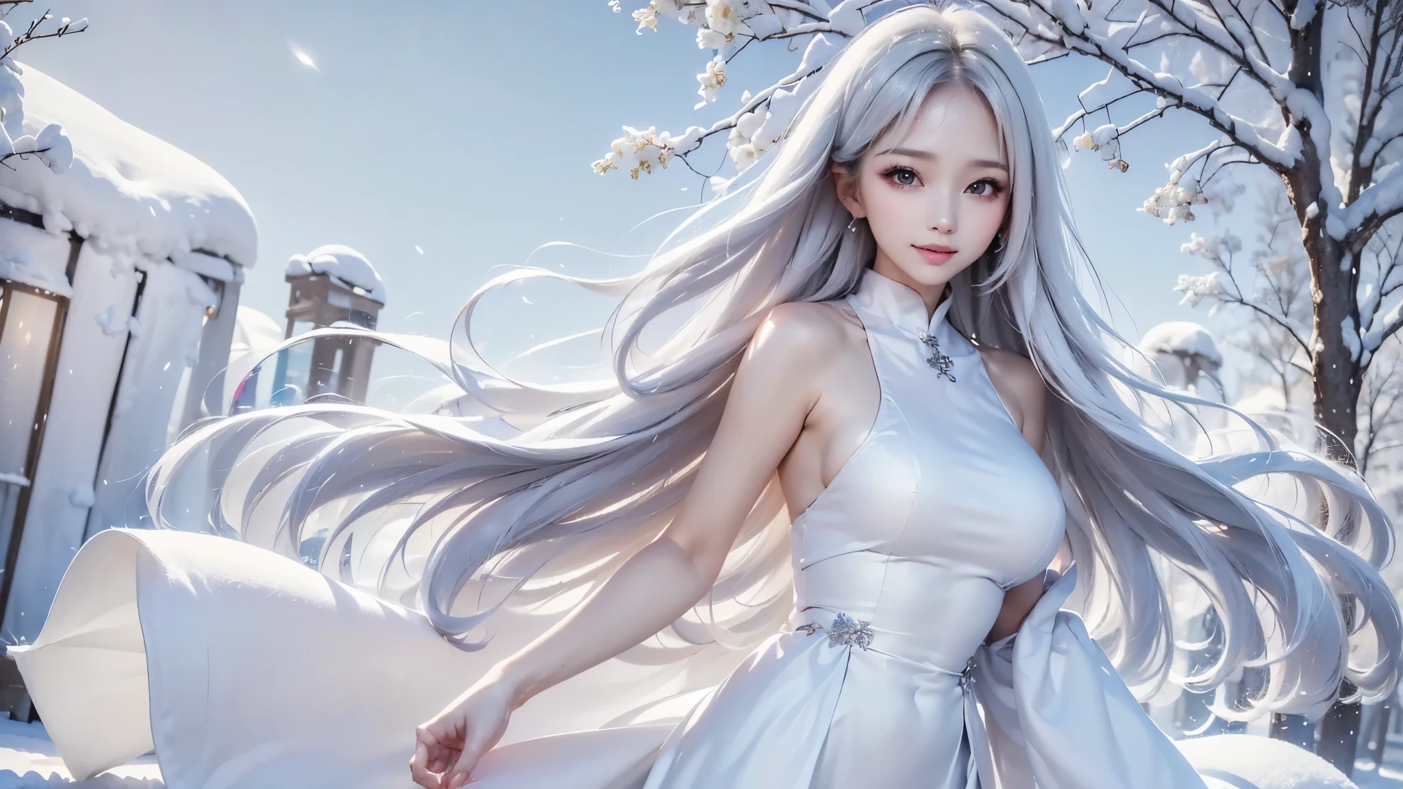 2.8D illustration, ((masterpiece:1.5、8k、Portraiture、フォトリアリスティックでVery detailedなCG、Very detailed、Particle Effects、Dynamic Effects、Shallow depth of field、Cinematic Light、Lens flare、Ray Tracing、Tabletop、Realistic:1.4、Ultra-high resolution:1.2、Realistic、Realistic))((alone、,A woman wearing a cashmere coat:1.4、Elegant woman posing、Detailed face:1.5、aqua eyes、Ample breasts、sideboob, Best Looks、Ultimate beauty、Shiny silver hair with highlights、bright and shiny hair,、Super long, Silky straight hair、Hair dancing in the wind))(morning、The setting is outdoors in the snow、Surrounded by illuminations). winter girl. face:sweet girl.
