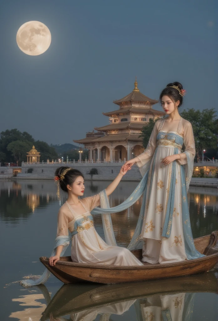 GGGJAAA ，Fabrication，Huadian  ，Hanfu， Magnificent architecture ，palace， ， east asian  ，  highest image quality 、Real images、 It's the best quality ,masterpiece,  highest image quality 、Real images、 middle,   An anime girl in a white dress floating a boat in the water，fantasy，Moon Goddess，美丽的fantasy女王,  author：J, Chinese fantasy，  young girl ， Queen Mu Yanling  ，Moon Goddess，Moon Goddess，  flowing magic robe  ，  Pretty Elf Wizard   , author：Cold plum, ((一位美丽的fantasy女皇))