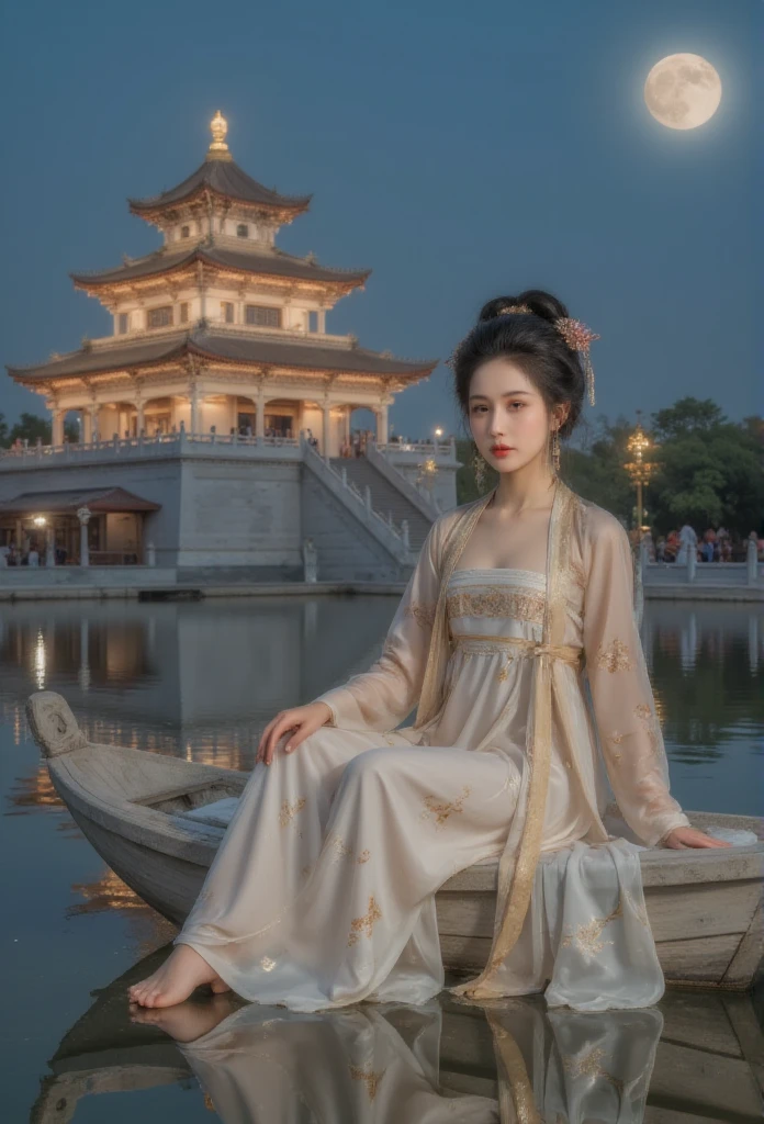 GGGJAAA ，Fabrication，Huadian  ，Hanfu， Magnificent architecture ，palace， ， east asian  ，  highest image quality 、Real images、 It's the best quality ,masterpiece,  highest image quality 、Real images、 middle,   An anime girl in a white dress floating a boat in the water，fantasy，Moon Goddess，美丽的fantasy女王,  author：J, Chinese fantasy，  young girl ， Queen Mu Yanling  ，Moon Goddess，Moon Goddess，  flowing magic robe  ，  Pretty Elf Wizard   , author：Cold plum, ((一位美丽的fantasy女皇))