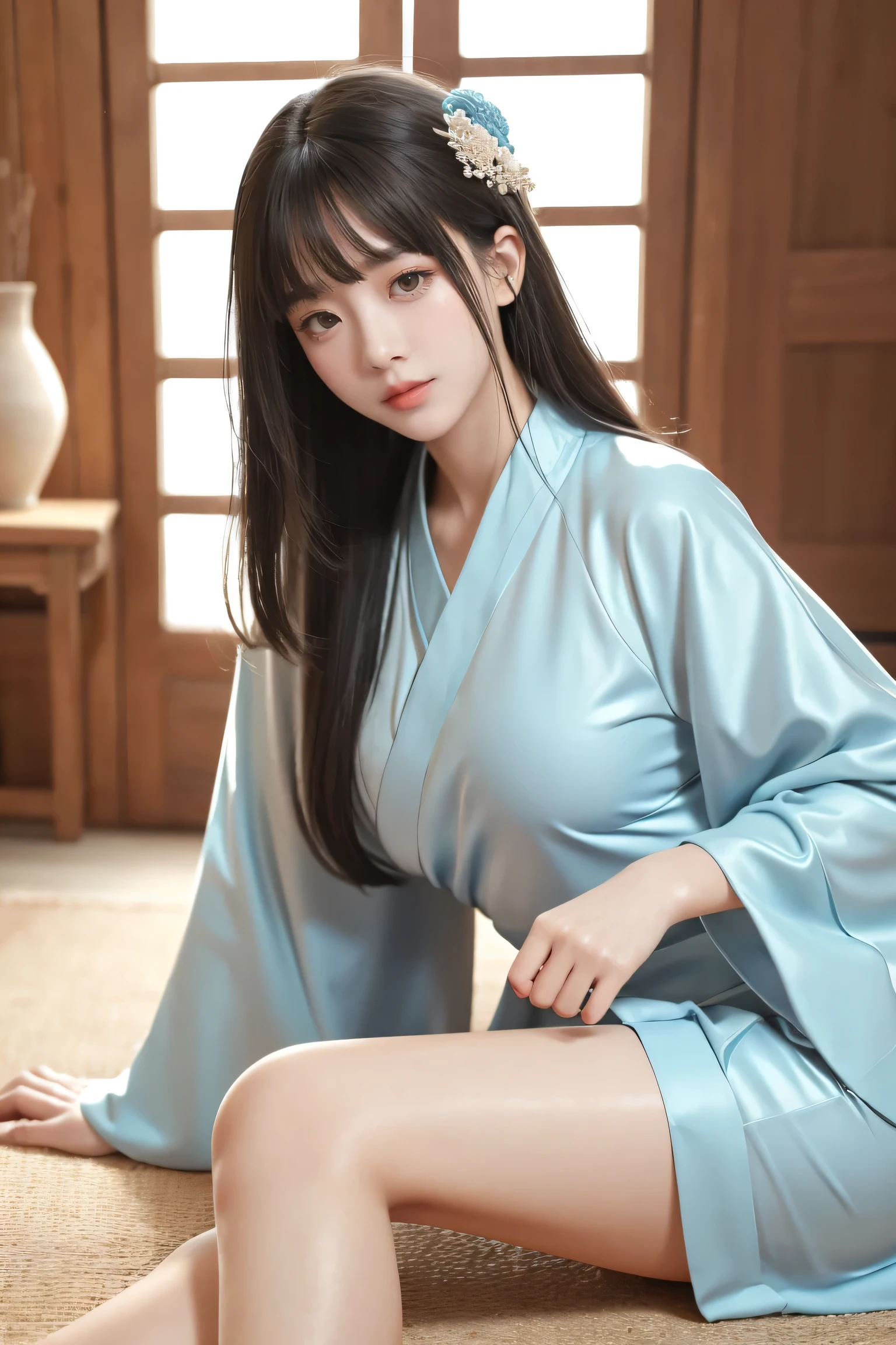 ( highest quality ,masterpiece:1.2),(Intricate details:1.4),(photo:1.4),Vivid details, superdetail,( Ultra HD, HD CG Uniform 8K Wallpaper ),Detail face, beautiful eye for detail,16k Wallpaper,compensate,(Detail background:1.2), Clothes Soak All Over , Realistic Eyes and Facial Details, plump lips,Lip Tick ,(compensate),1 girl, Wearing Clear Ancient Hanfu ,Show your thighs,Smile