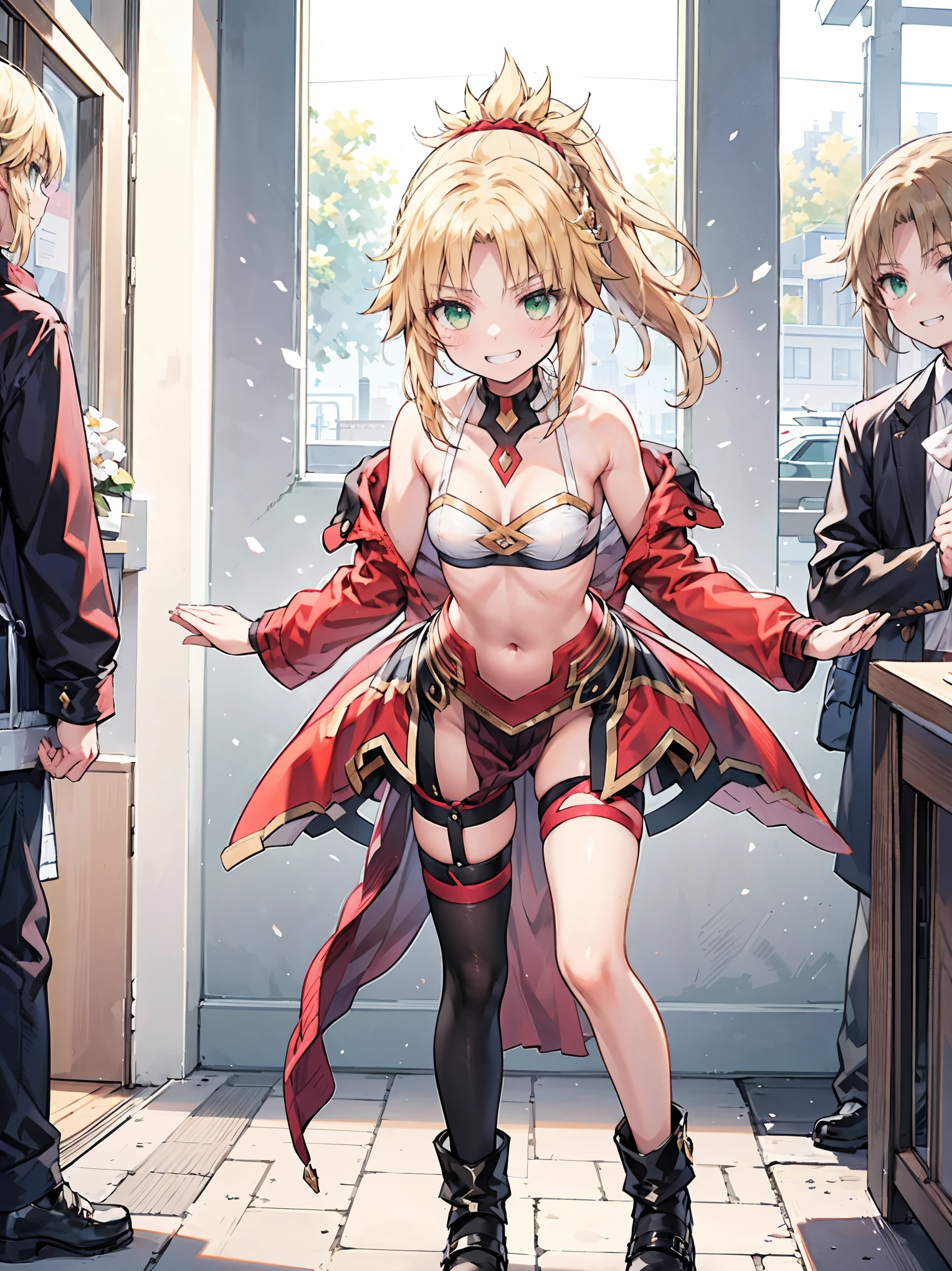 best quality, integrated scenery, integrated background, extremely delicate and beautiful, meticulous details, good composition, cute face, perfect face, perfect hands ,Masterpiece, Best Quality, illustration, city street, 1girl, Mordred \(fate\), collarbone, Detailed blond hair ponytail braid, green eyes,, White tubetop ,pelvic_curtain,navel,thigh-high,grin,(covered_nipples:0.6),skiny,big_smile,solo,boots,thigh-highs,groin