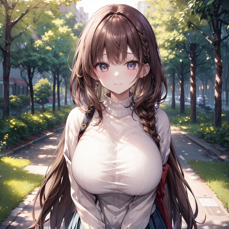 ((Best Quality)), ((masterpiece)), (  Details), ( super high definition)、Beautiful girl、young、solo、
(Brown Hair、 SINGLE BRAIDED )、 super huge tits、 perfect face、超 Detailsな肌、(Perfect Fingers、Perfect hands)、 perfect body 、 Sensual Proportions、
(Vertical Sweater、 long skirt、Father&#39;s bag)、
 gentle smile、Maternal、whole body、 standing、
noon、A tree-lined street filtering through the trees 、Professional Lighting、８k