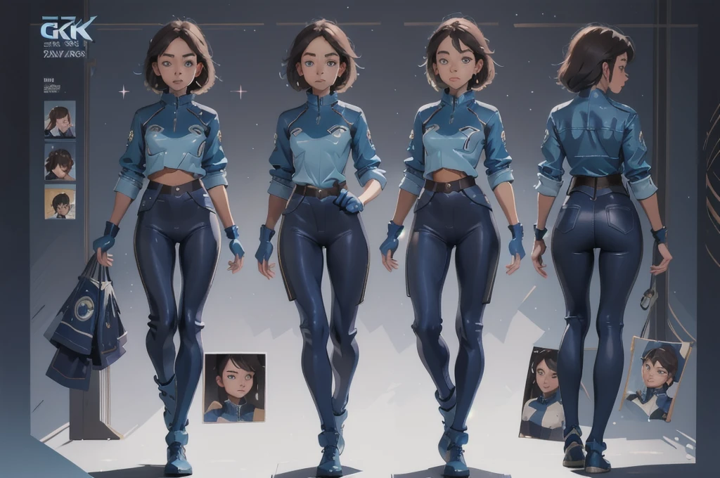 Full body, girl, cute, sparkly blue color eyes, tight fit clothes, motorcycle uniforms, Beauty, Shirt Lift, Slim Body, fingerless glove Multiple views of the same character in the same outfit,masterpiece, best quality, official art, album art, very elaborate CG Unity 8K wallpaper, super high resolution, (15Charturn_longCap_D:.5), 