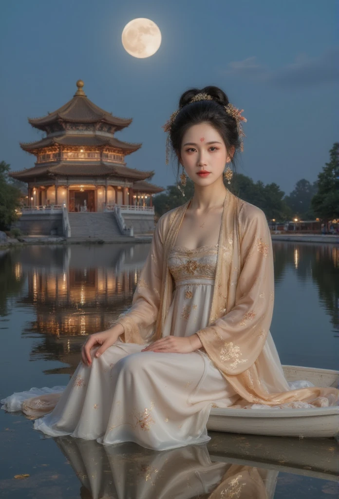 GGGJAAA ，Fabrication，Huadian  ，Hanfu， Magnificent architecture ，palace， ， east asian  ，  highest image quality 、Real images、 It's the best quality ,masterpiece,  highest image quality 、Real images、 middle,   An anime girl in a white dress floating a boat in the water，fantasy，Moon Goddess，美丽的fantasy女王,  author：J, Chinese fantasy，  young girl ， Queen Mu Yanling  ，Moon Goddess，Moon Goddess，  flowing magic robe  ，  Pretty Elf Wizard   , author：Cold plum, ((一位美丽的fantasy女皇))