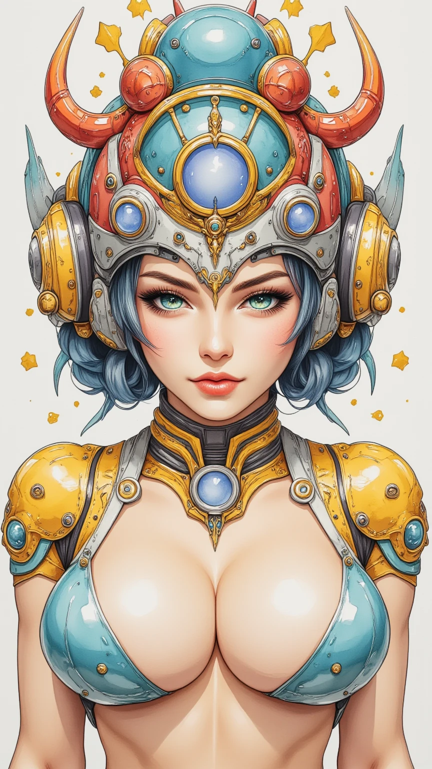 ((best quality)), ((masterpiece)), (detailed), perfect face of cyberpunk mecha japanese girl, surreal, art nouveau, in the illustrative style of moebius, spaceships, aliens, fantasy, sci-fi, graphic novel, line drawing, french retro,
