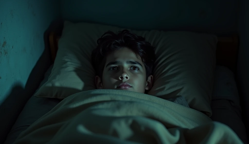 A frightened boy in bed,fear on his face,concerned expression,anxious look,high detail,hyperrealistic,dramatic lighting,chiaroscuro,cinematic,moody,dark,dramatic