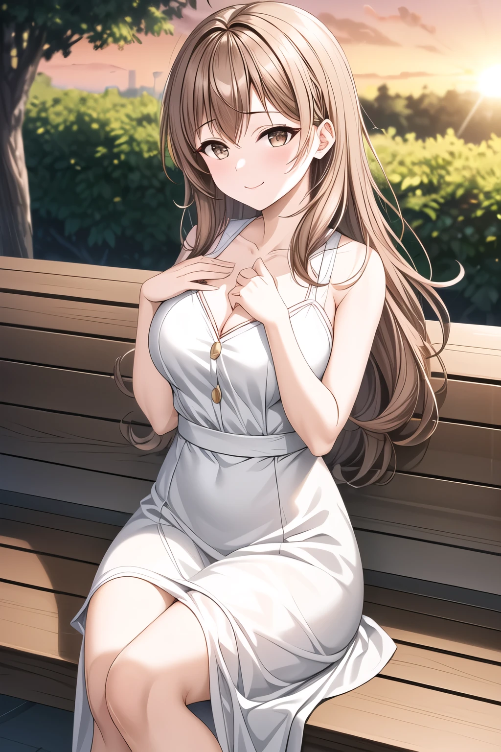 "(Sunrise:1.7), A girl sitting gracefully on a park bench, 22 years old, young woman, with beautiful fingers, a beautiful body, a beautiful nose, perfect eyes, a flawless face, and stunning character design. An anime girl with light brown hair flowing down in loose waves, wearing an elegant, form-fitting white dress that clings to her figure, accentuating her silhouette. The dress has subtle lace details and a soft, flowing design that complements her seated posture. She has light brown eyes that sparkle softly in the morning light, along with a warm, inviting smile and a slight blush on her cheeks. She is enjoying a relaxing morning in the park, surrounded by the beauty of nature.

The background features a beautiful park with lush green trees, vibrant flowers, and the soft glow of the sunrise filtering through the foliage. The scene is filled with a gentle morning breeze, adding a sense of calm and serenity. She is seated on a wooden park bench, her figure bathed in the golden rays of the sunrise, creating a peaceful and romantic atmosphere.

The lighting is perfect, with the early sunlight highlighting her figure and enhancing the delicate details of her dress and surroundings. The scene is highly detailed, with vibrant colors, bokeh effects, and soft lens flares to emphasize the dreamy, romantic atmosphere. The final render is in ultra-high resolution (8K, HDR-10), with film grain for added texture. (beautiful_face:1.5), (light_brown_hair:1.4), (light_brown_eyes:1.4), (elegant_white_dress:1.4), (narrow_waist:1.2), (bokeh:1.2), (sunrise_glow:1.3), (soft_morning_light:1.3), (vibrant_colors:1.2), (ultra_high_resolution:1.0), (film_grain:1.0), (romantic_atmosphere:1.2), (soft_glow:1.3), (park_scene:1.3), (nature_background:1.2), (seated_pose:1.3), (peaceful_morning:1.3)"