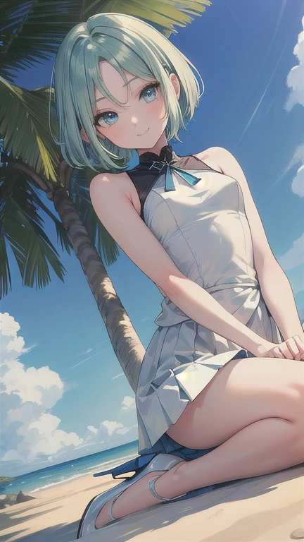 (masterpiece,  best quality:1.2),( super high definition),(Ultra-detailed face)( slender woman protecting her hands )1 woman,Alone, toshinden_Ellis,sit,whole body, viewed from below, white dress on the background, pleated skirt ,White high heels, green hair, (Parted bangs),short hair,  blue eyes,smile, beach 