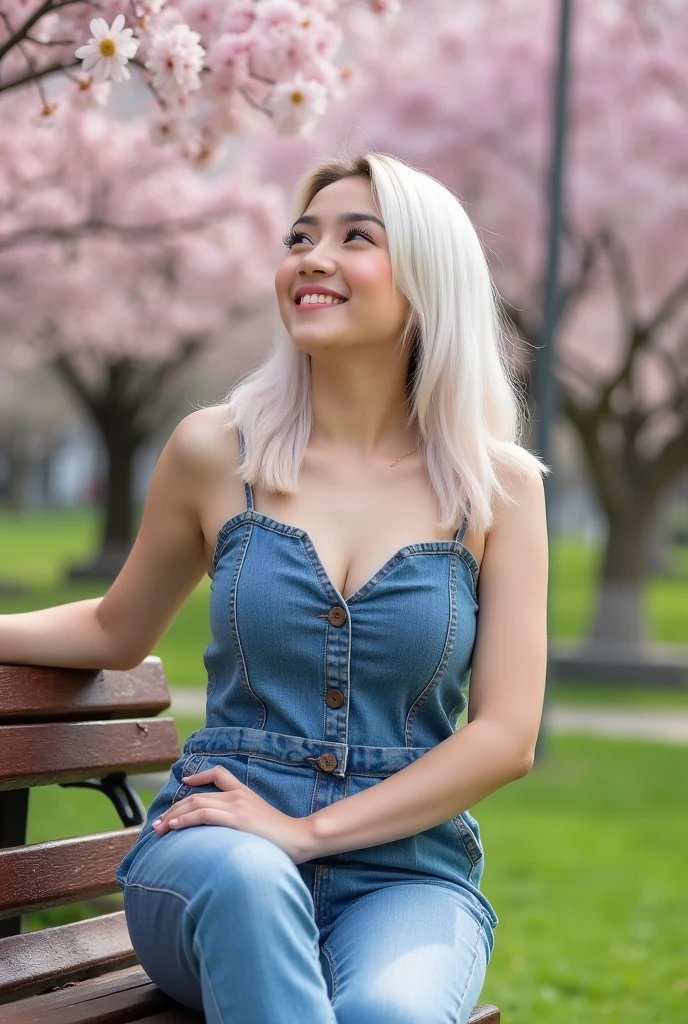 a young woman, jeans romper, 8K, Park, wolf hair, Doble layer hair dye, first layer are white, second layer are white, Looking up to see the cherry blossoms, cuff, up right pose, static pose, center composition, Sit on the estetic bench,estetic Garden lamp, Flowers, pets, others people,smile