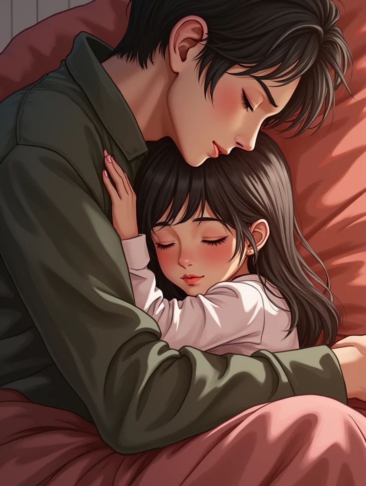 A girl curled up on a boy's lap. The boy holds the girl.