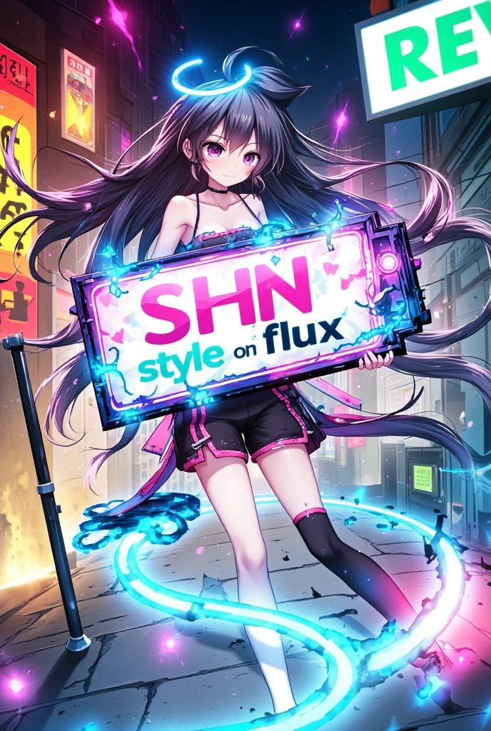 Japanese anime,SHN style ,1 girl is having a signboard saying"SHN style
on Flux" ,. Colorful