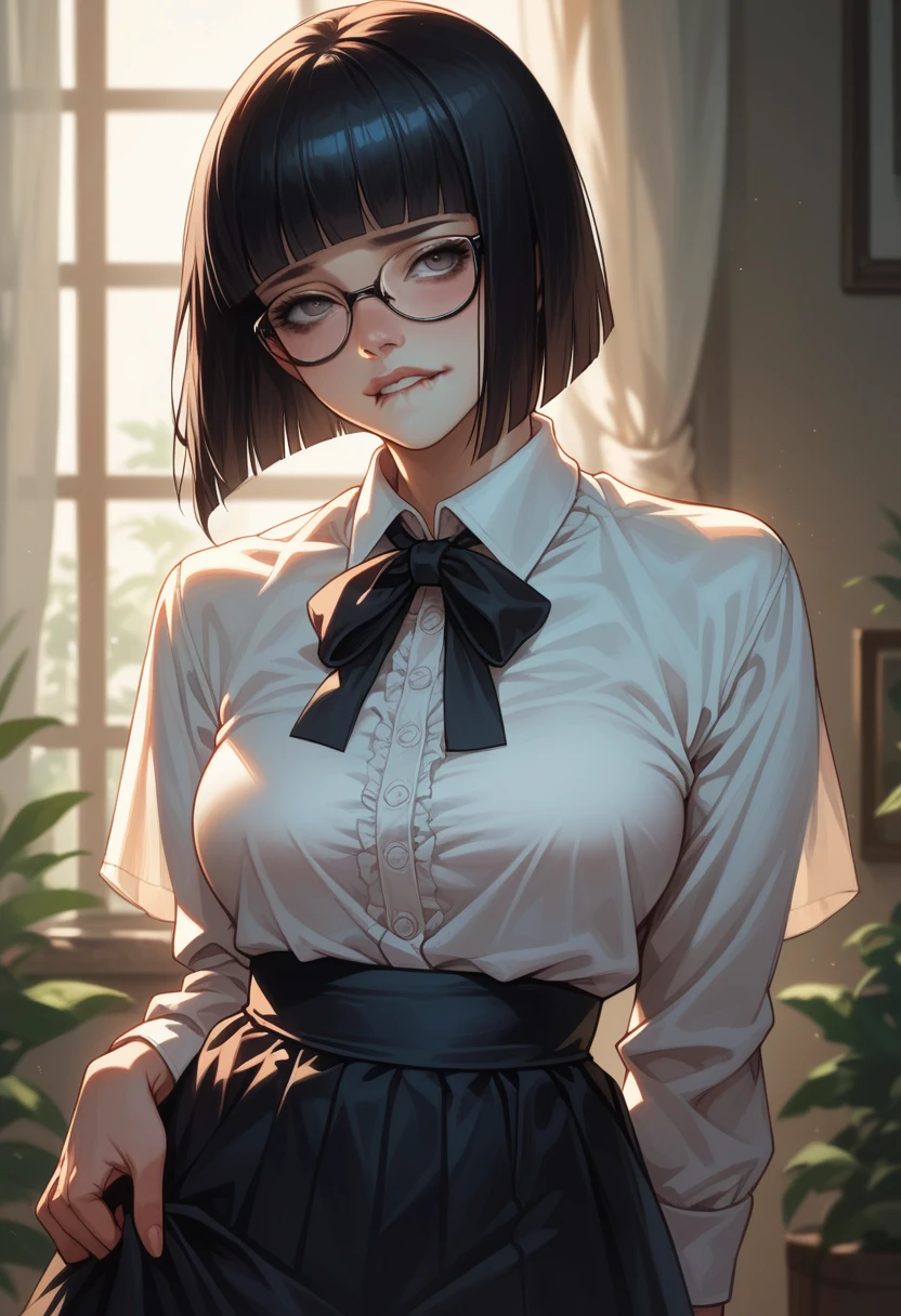 score_9_presence, score_8_up, score_7_up, sexy female, Hyper realistic, perfect face, perfect lighting, Black hime cut, Straight Hair, short hair, Glasses, biting lower lip, Long maxi skirt