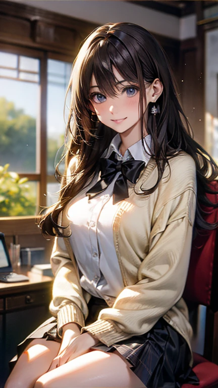very cute and beautiful girl,(highly detailed beautiful face), (smile:1.2),blush,white blouse,ribbon,(pleated plaid itting,spread legs,white panties, antique hotel bedroom,balcony,sunset,black hair, (best quality,masterpiece:1.2),absurdres,highres,ultra-detailed,extremely detailed,32k,8k resolution, intricate details,cinematic scene,detailed background,solo,dynamic angle,perfect hands,