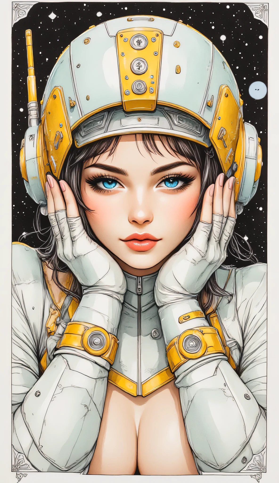 ((best quality)), ((masterpiece)), (detailed), perfect face of cyberpunk mecha japanese girl, surreal, art nouveau, in the illustrative style of moebius, spaceships, aliens, fantasy, sci-fi, graphic novel, line drawing, french retro,
