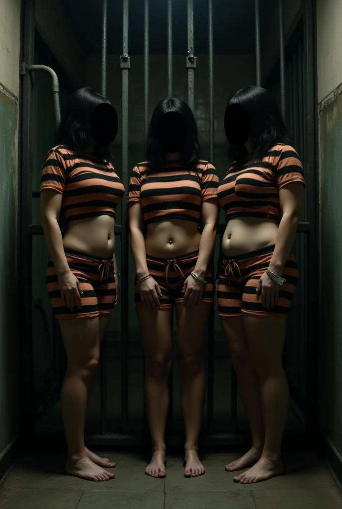 ((best quality)), ((masterpiece)), (detailed), a crowd of beautiful Ecuador women line up tight in a prison hall, women wearing orange prison bra lace panties who are heavily pregnant, their bellies is showing. women standing in a tight line in a room behind prison-like bars., full body, extremely detailed,high quality, cinematic lighting,photorealistic,8k,masterpiece.