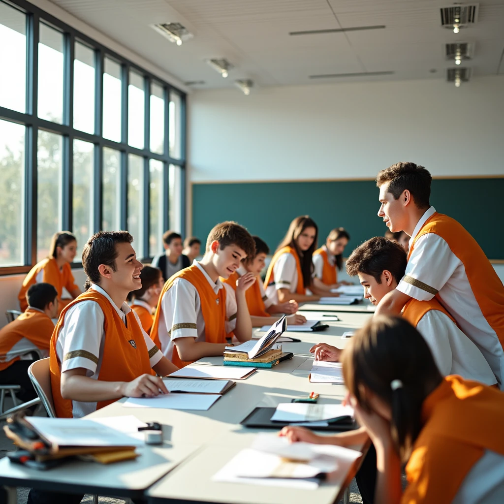 "A realistic image of a modern high school in Egypt, featuring Egyptian and Arab teenagers in a dynamic school environment. The scene includes a spacious classroom with desks, textbooks, and a blackboard, where students are actively engaged in learning. Outside, on the school grounds, a group of teenagers is seen socializing, playing sports, and enjoying their break. The school building is contemporary, with large windows and a bright, welcoming design. The students are dressed in school uniforms, and their facial features reflect Egyptian and Arab characteristics, with a diverse group of boys and girls. The atmosphere is vibrant and educational, with a sense of community and youth energy."