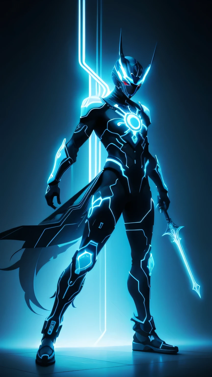 Fractal art, art of drawing with fractals of light on blue neon background, Mighty cyber warrior with neon sword and glowing eyes-mask, full silhouette, full body, metamorph, surrealism, digital art, 4k