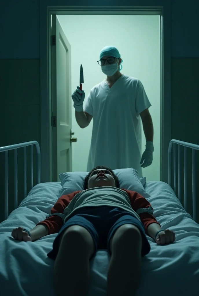 Desi psychopath Indian man who kill lady doctor at the night in the room and dead body of lady doctor soaked in too much blood in bed Weapon in the hands of the murderer
