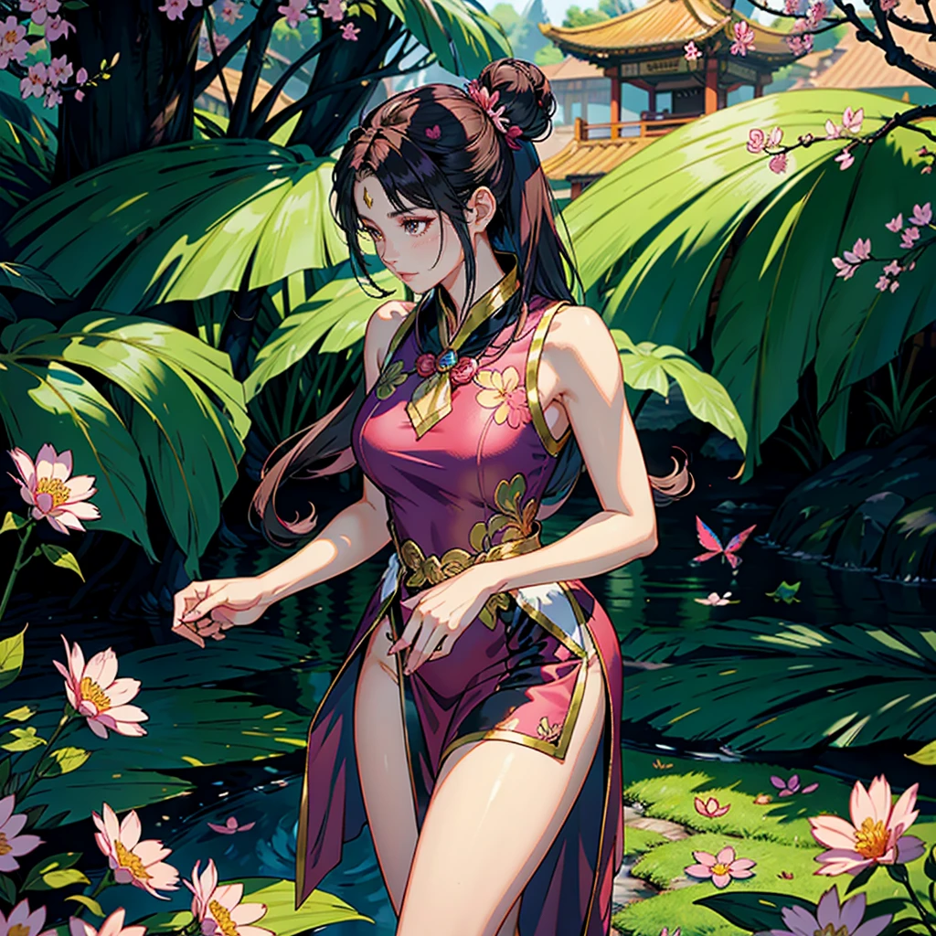 A beautiful Indonesian model with long, flowing hair and vibrant pink pink silk Chinese traditional dress, standing gracefully in a lush garden surrounded by colorful flowers, sakura blossoms, and butterflies. The model has detailed facial features including bright brown eyes, rosy lips, and an enchanting smile. The scene is rendered in a realistic, photorealistic style with acrylic painting medium, high resolution, and masterpiece quality. Additional details include the model's intricate hair accessories, soft pastel-colored shading, and a fairytale-like background, Double hair buns, sailor moon hair style.