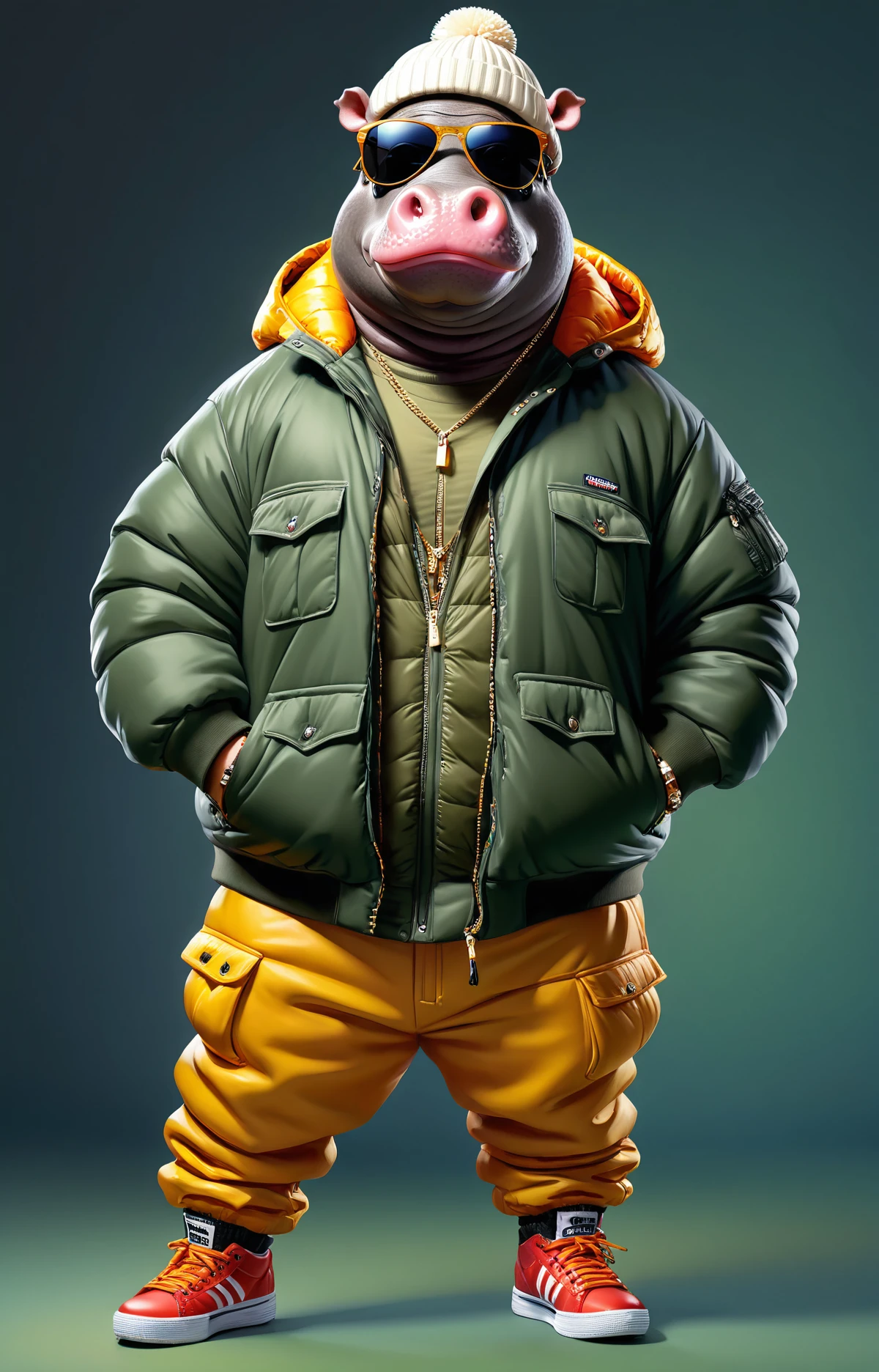 A man body and Pikachu head with black goggles wearing yellow jacket and yellow jeans 