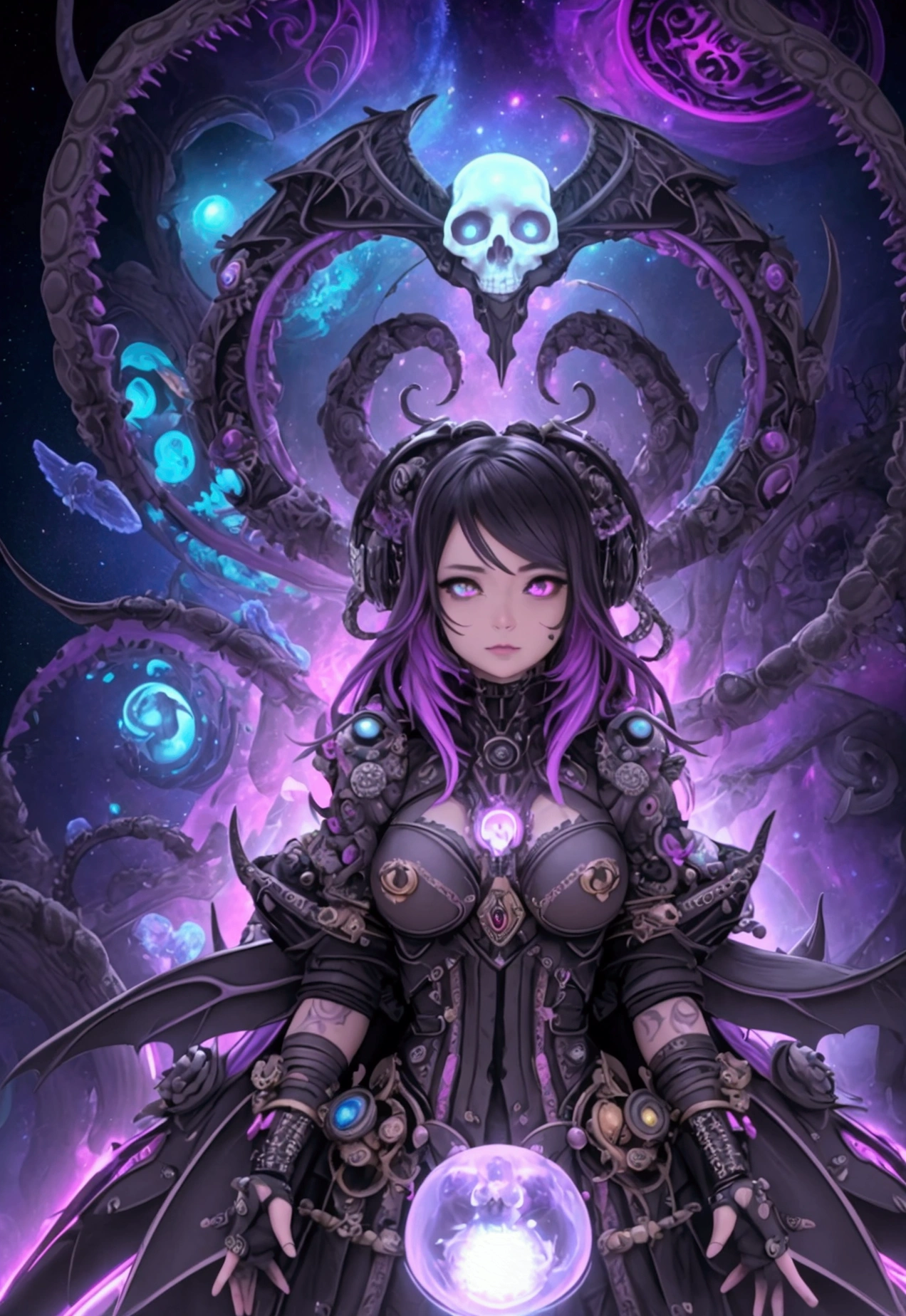 <lora:Biomechanicals_v2_lora1500:0.777>
black background, recording studio, dark colors, dark lighting, neon
1girl, dj, necromancer, skull face, headphones, demon horns, pentagram, black metal style, biomechanical
DeepDarkestV1