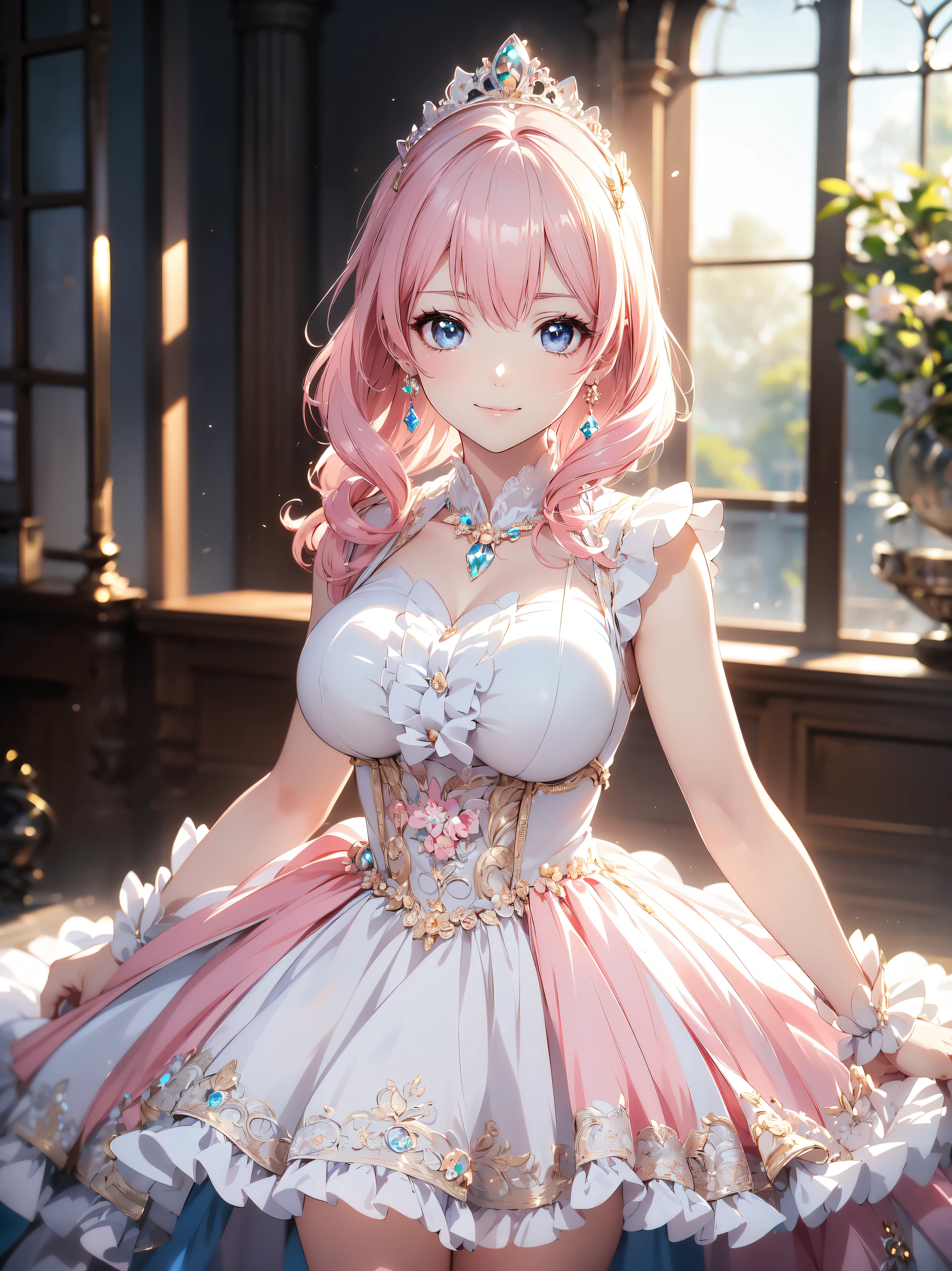 (((ultra detailed, highest quality, high resolution))), (((rococo victorian gown with volume and expanse pleated hoop skirt))), ((delicate lace, transparent satin fabric)), huge Breasts, breast focus, super detailed skin, (((solo young face princess))), 
BREAK 
(hair pink hair), fluffy long ponytail, shiny hair, curly hair, bangs, pretty jeweled tiara, crystal earrings, beautiful eyes, faint lips, delicate and beautiful face, ((beautiful happy smile)), 
BREAK 
looking at viewer, ((curtsey:1.5)), cowboy shot, beautiful and shiny marble floor, highly reflective floor, (backlighting:1.5), depth of field, caustics, (moe anime art style:1.3), ((soft focus:1.5)), (soft edge:1.5), 