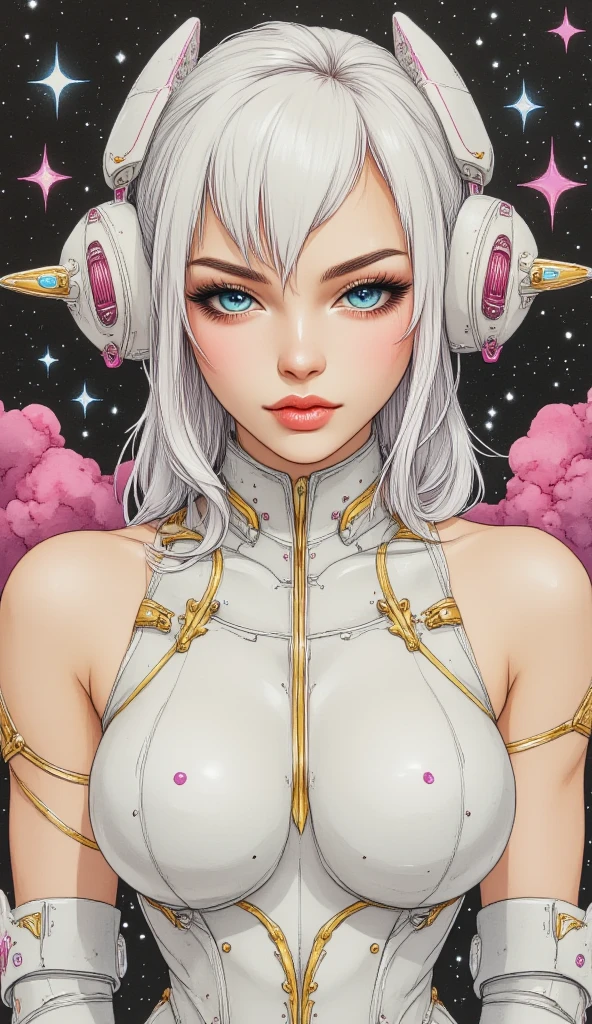 ((best quality)), ((masterpiece)), (detailed), perfect face of cyberpunk mecha japanese girl, surreal, art nouveau, in the illustrative style of moebius, spaceships, aliens, fantasy, sci-fi, graphic novel, line drawing, french retro,
