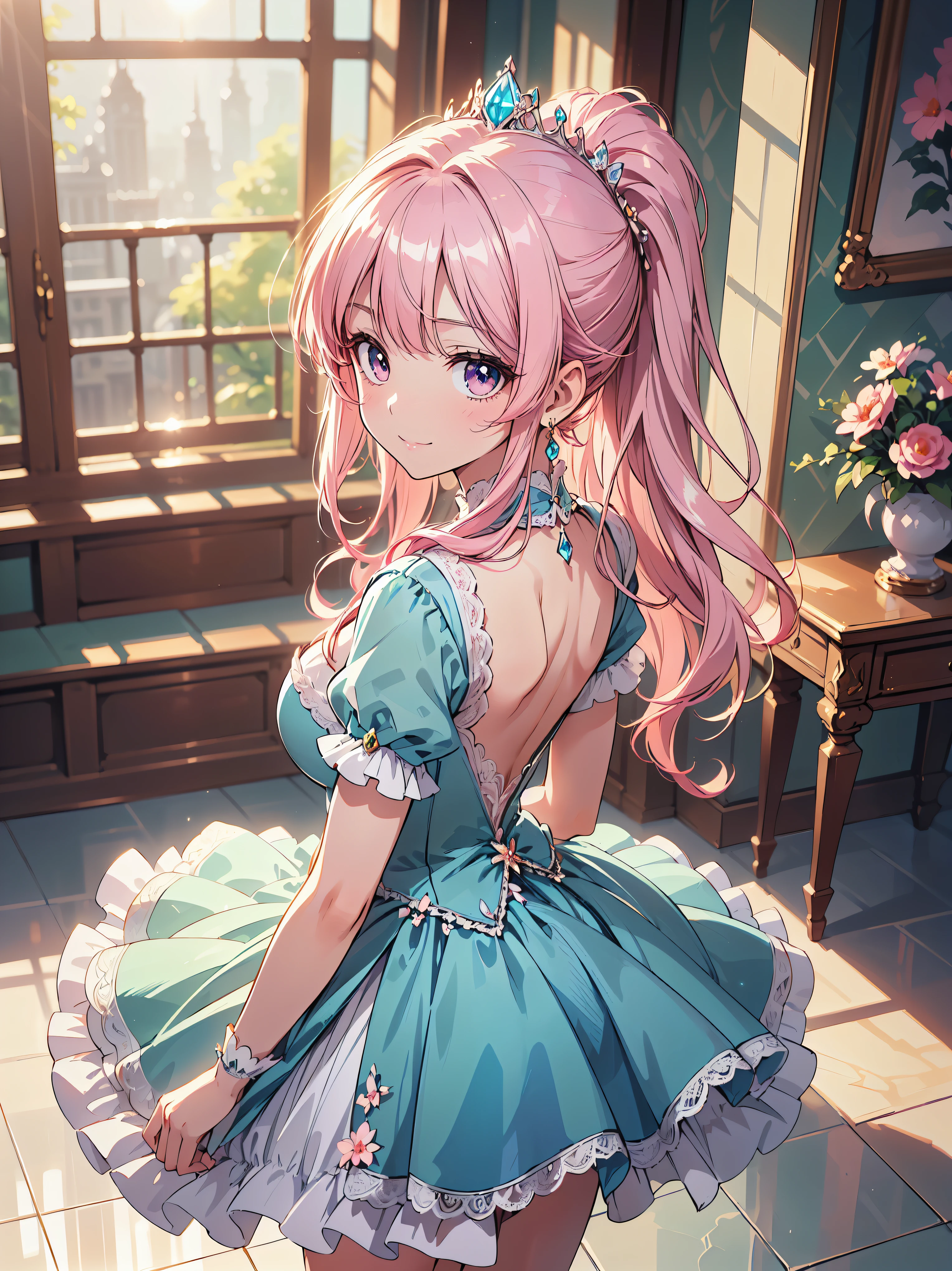 (((ultra detailed, highest quality, high resolution))), (((rococo victorian gown with volume and expanse pleated hoop skirt))), ((delicate lace, transparent satin fabric)), huge Breasts, breast focus, super detailed skin, (((solo young face princess))), 
BREAK 
(hair pink hair), fluffy long ponytail, shiny hair, curly hair, bangs, pretty jeweled tiara, crystal earrings, beautiful eyes, faint lips, delicate and beautiful face, ((beautiful happy smile)), KAWAII face, 
BREAK 
(((looking at viewer, leaning forward, from above, front view))), ((curtsey:1.5)), cowboy shot, beautiful and shiny marble floor, highly reflective floor, (backlighting:1.5), depth of field, caustics, (floral background:1.3), (moe anime art style:1.3), ((soft focus:1.5)), (soft edge:1.5), 