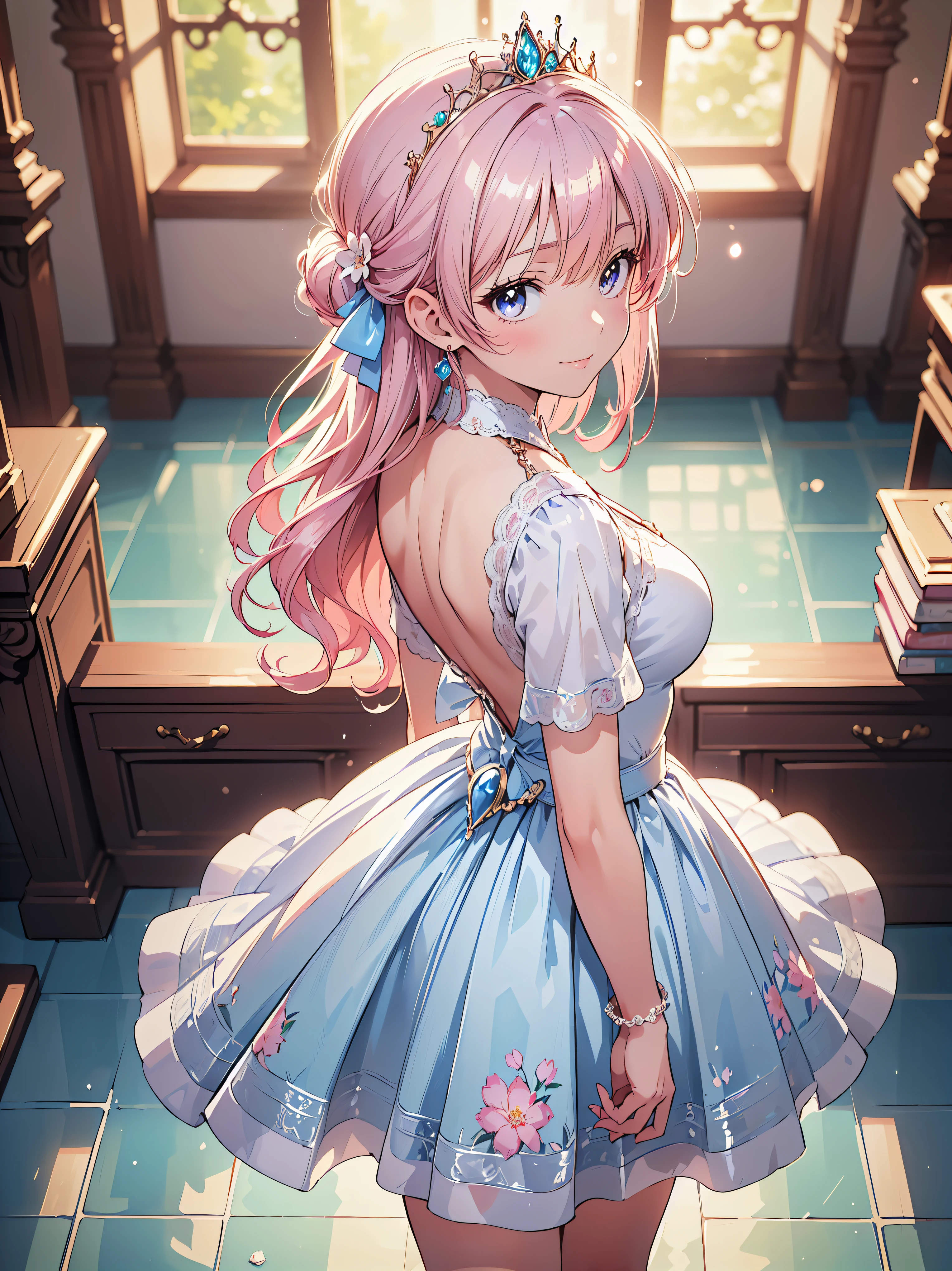 (((ultra detailed, highest quality, high resolution))), (((rococo victorian gown with volume and expanse pleated hoop skirt))), ((delicate lace, transparent satin fabric)), huge Breasts, breast focus, super detailed skin, (((solo young face princess))), 
BREAK 
(hair pink hair), fluffy long ponytail, shiny hair, curly hair, bangs, pretty jeweled tiara, crystal earrings, beautiful eyes, faint lips, delicate and beautiful face, ((beautiful happy smile)), KAWAII face, 
BREAK 
(((looking at viewer, leaning forward, from above, front view))), ((curtsey:1.5)), cowboy shot, beautiful and shiny marble floor, highly reflective floor, (backlighting:1.5), depth of field, caustics, (floral background:1.3), (moe anime art style:1.3), ((soft focus:1.5)), (soft edge:1.5), 