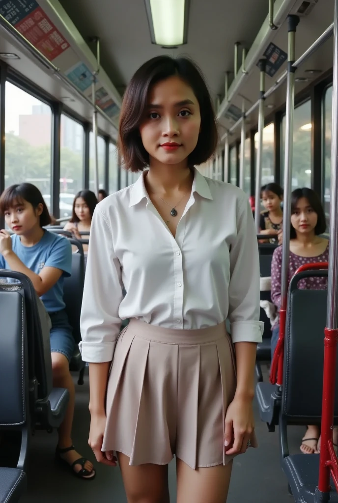 a beautiful and sexy woman with short hair bob. She wearing white collared shirt, pleated mini-skirt. She (standing) in the bus, in the middle, in the aisle between the passenger seats. the bus is running in a modern city. she looks smiling with a dynamic pose. cinematic, realistic, masterpiece, photorealistic,