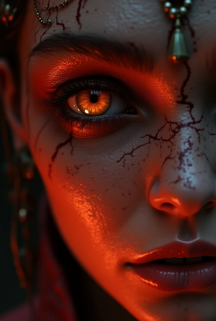Movie, ((Face close up)), best quality, clear graphics, torch light, (The detail is clear to every hair on the face), 1girl, demonic, evil, nsfw, sexy woman, eye depth, (brother moons), (dead space) ,science fiction, (beautiful glowing red eyes), photo realistic, 20 megapixel, nikon d850, ((vibrant, photo realistic, realistic, dramatic, sharp focus, 8k)), (faded freckles:0.6), subsurface scattering, sharp, retouched, intricate detail, by Greg Rutkowski, by (Jeremy Lipking,:0.8), ((junji ito)), by ralph bakshi,((Silent Hill)), H.R. Giger, Beksinski