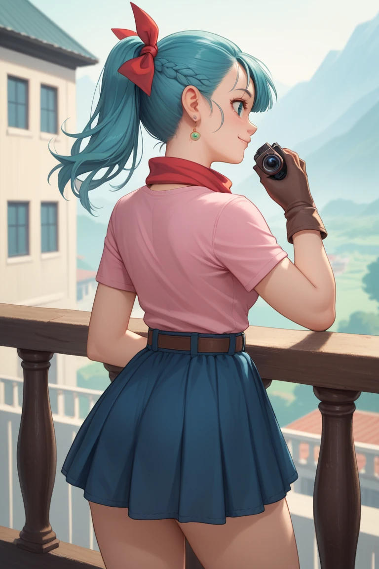 masterpiece, best quality, high resolution, dragon ball, blmpony, aqua hair, hair ribbon, braided ponytail, pink shirt, belt, scarf, pink skirt, clothes writing, brown gloves, medium breasts, in back pose, back wards looking camera, smile, show her booty, show ass, ultra mini dress,Anime,bulma (WIND LIFTING HER SKIRT) (detailed:1.3), ultra high res, ultra detailed, Highly detailed face and skin texture, detailed eyes jewelry, earrings, leaning on a balcony, on her back, semi crouched, showing her ass, show her booty