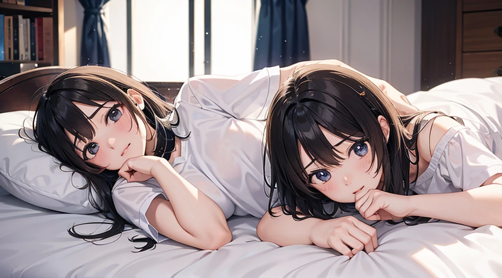 Photorealistic、Highest quality、Highest Resolution、Highest quality、8K、One beautiful woman、Bob Cut Hair、good morning、Yawn、In bed、Looks sleepy、