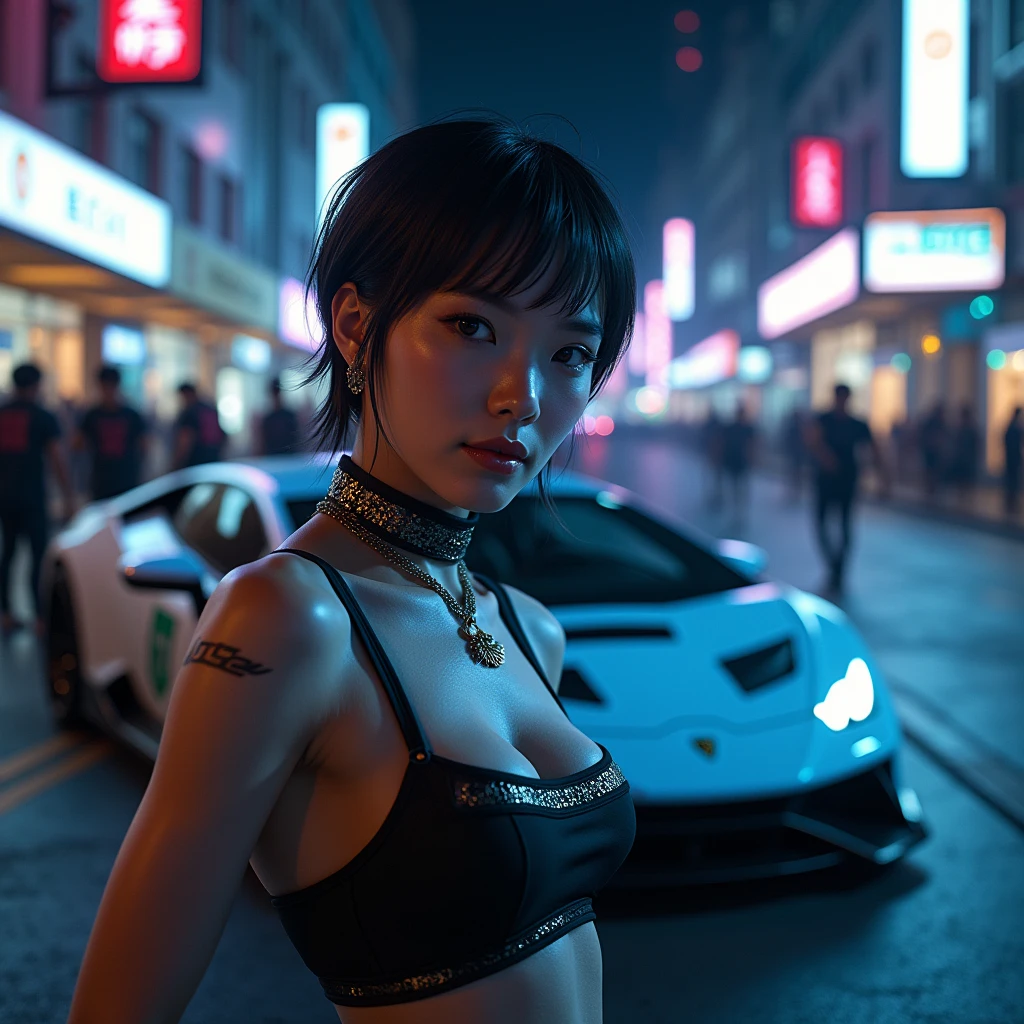 Blade Runner style futuristic Tokyo city, flying cars, neon lights, rainy night. (1girl, solo, alone), large-breast:1.2 slim:0.9 body, oval:0.8 face, cleavage:1.1, sexy black laced bra, low angle view of miniskirt, white laced panty, jacket, (black micro sunglasses), (holding a short gun), running pose, half-body thigh level medium shot, cinematic lighting, ray tracing.