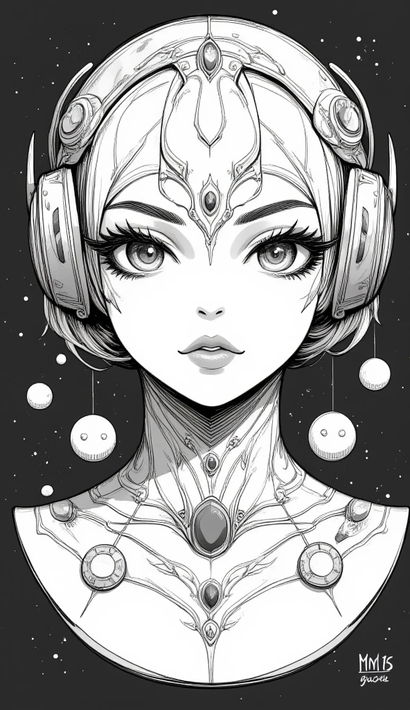 ((best quality)), ((masterpiece)), (detailed), perfect face of cyberpunk mecha japanese girl, surreal, art nouveau, in the illustrative style of moebius, spaceships, aliens, fantasy, sci-fi, graphic novel, line drawing, french retro,
