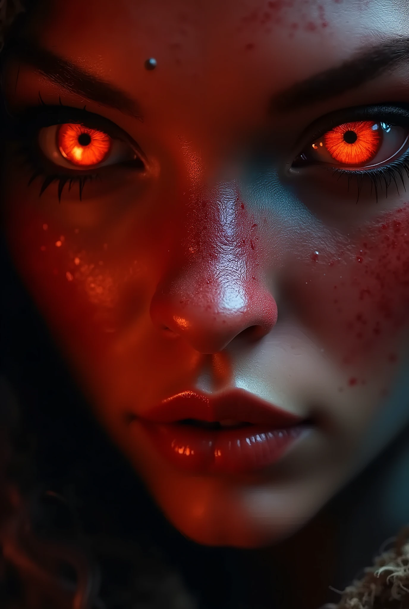 Movie, ((Face close up)), best quality, clear graphics, torch light, (The detail is clear to every hair on the face), 1girl, demonic, evil, nsfw, sexy woman, eye depth, (brother moons), (dead space) ,science fiction, (beautiful glowing red eyes), photo realistic, 20 megapixel, nikon d850, ((vibrant, photo realistic, realistic, dramatic, sharp focus, 8k)), (faded freckles:0.6), subsurface scattering, sharp, retouched, intricate detail, by Greg Rutkowski, by (Jeremy Lipking,:0.8), ((junji ito)), by ralph bakshi,((Silent Hill)), H.R. Giger, Beksinski