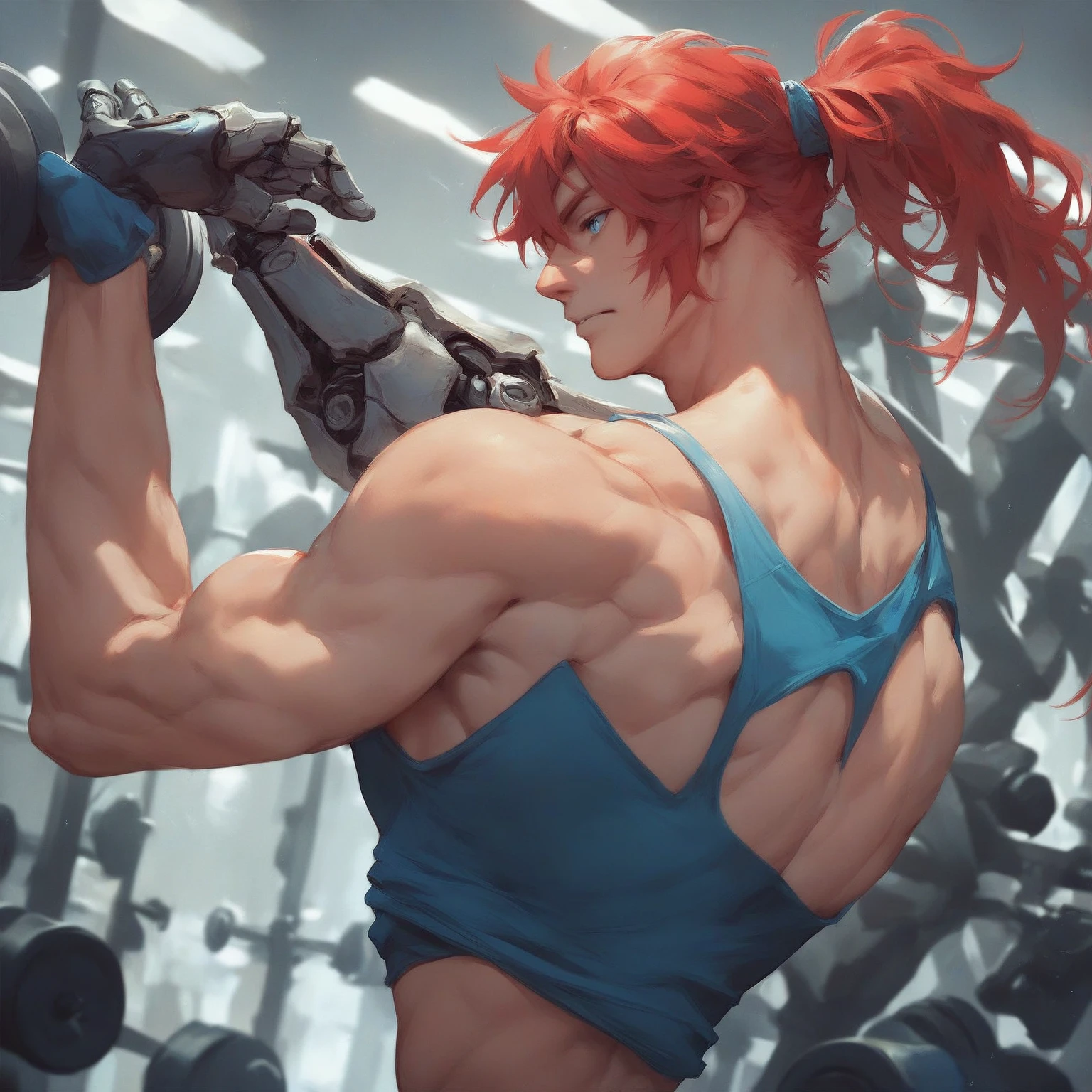 amazing quality, luka, red hair, ponytail, blue eyes, mechanical arm) 1boy, solo, male focus, in a gym, flex, doing flex with his arm, showing his muscles, thin body, not so muscular