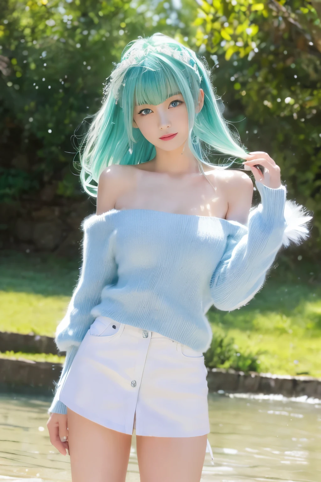 (((masterpiece))),Best Quality, Japanese、 girl, outdoor , ( fluffy smoky mint hair, blue eyes, very beautiful long legs )、 having fun ,Alone,Sunshine, wet hair , wet body,Sparkling Eyes,( cowboy shot)、( miniskirt、White off-shoulder knit)