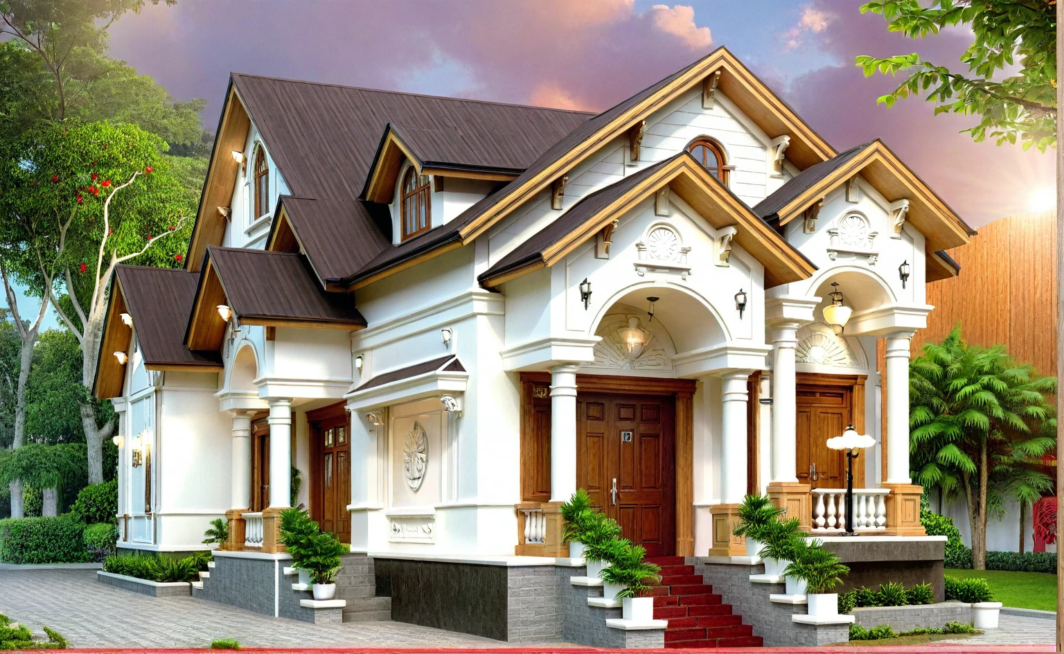 neo classical villa on street, (daylight), tropical tree, vivid colour, streetcapes, white tone, black detail, white wall, large glass door, warm interior lighting, best quality, masterpiece, ultra realistic, ( brown wood main door : 3), ( cửa đi gỗ gõ đỏ : 3 )