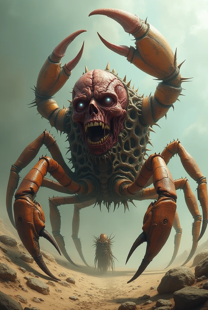 close up of a dark red creature with horse hooves, centipede arms, and owl eyes staring from on a hill in the distance while it eats a bloody man, gore 