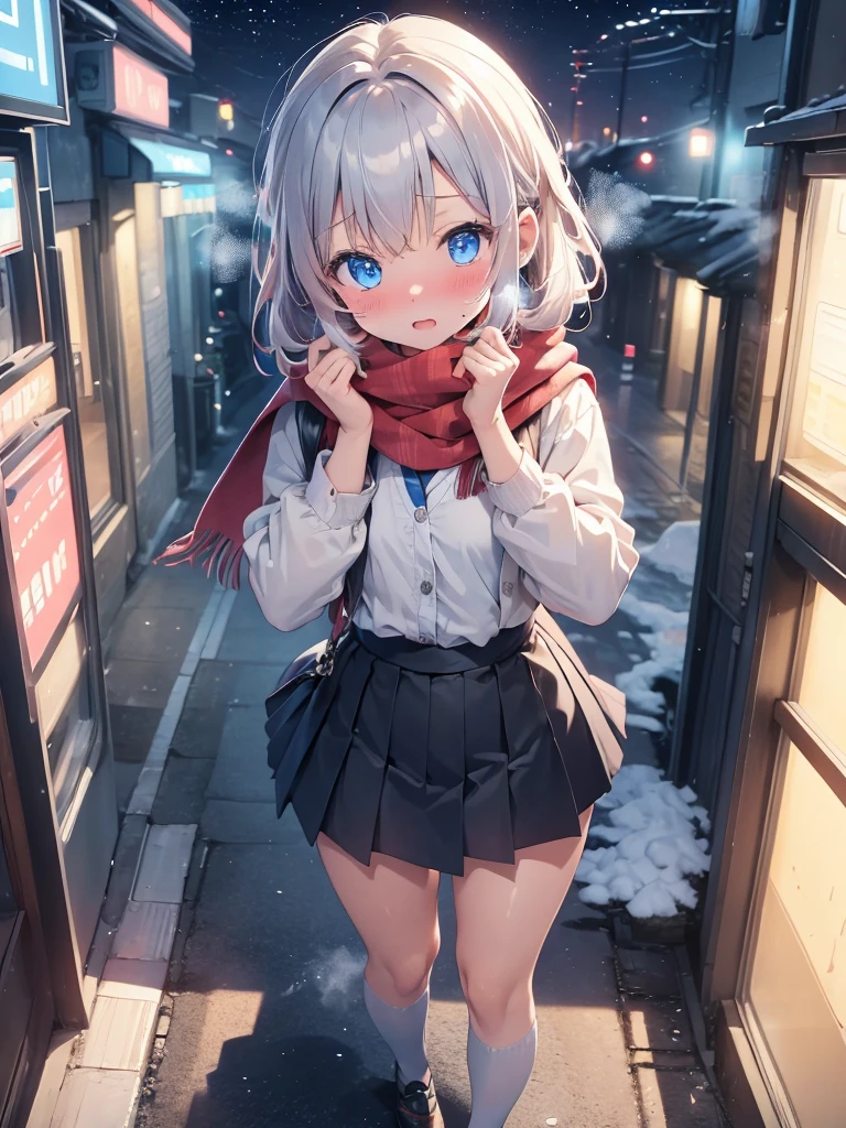 (((masterpiece,  Hi-Res, Best Quality,  anatomically correct ,  high detail,  Ultra High Definition,)))、（high angle 1 .5）、（view from above 1 ,3）、See her from above 、kawaii、JK、（blush1,3）、Winter uniform、 It's Snowing 、Snow Scene、 in the city at night、black cardigan 、scarf、 scarf to hide your mouth、Put your hands around your mouth、Breathing in the palm of your hand、Open your mouth、（Looking up 1.2）、Better Blushing、 big chest、（My cheeks turn bright red ）、 short black skirt 、 Attractive Thighs、 thigh-length stockings、 Silver Hair、 princess cut,  blue eyes 、 Smooth Hair 、Red nose、Breath Steam、（Steam from the mouth 1 .4）