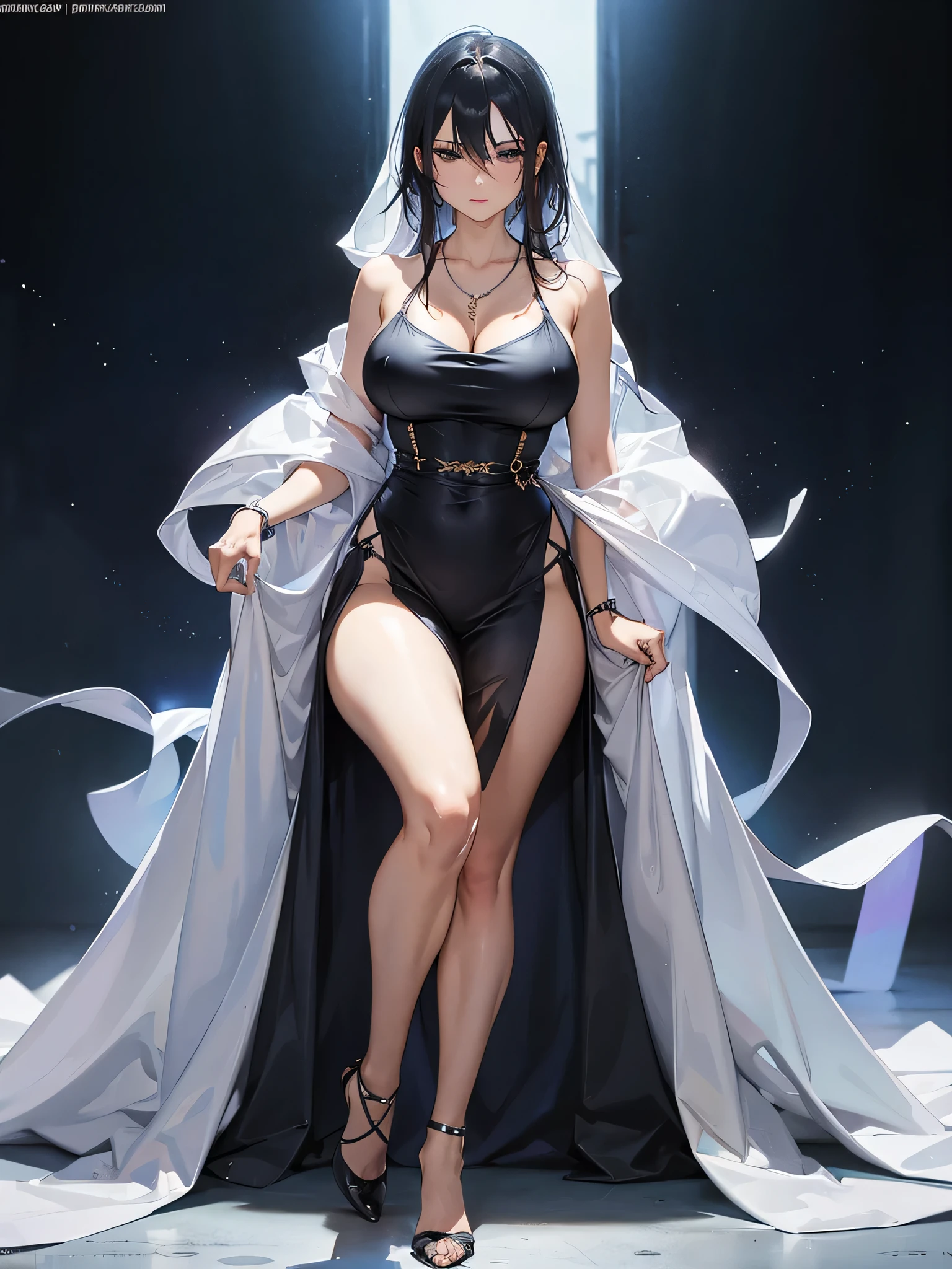((best quality)), ((masterpiece)), (detailed), perfect face a beautiful white-toned girl with black and silver hair wearing transparent glasses and skin-fit black warrior clothes, green eyes, glossy skin. detailed skin, pink lips  with a spear in hand a tiara on her head, full body display
