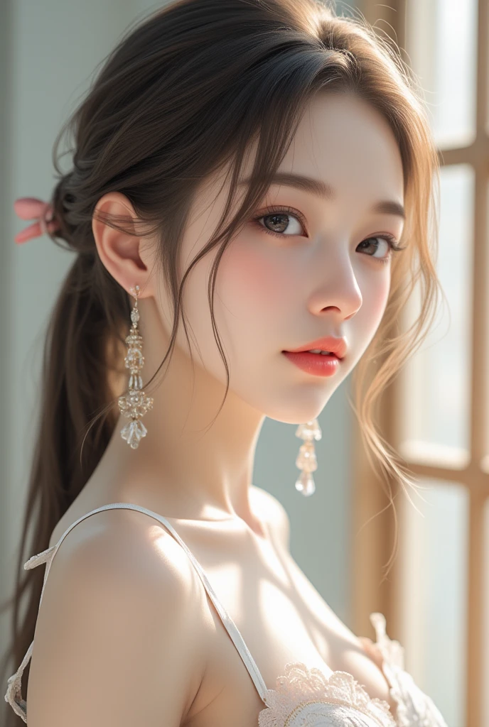 Masterpiece, high quality, close-up of face, front view, 19-year-old girl, big eyes, long black hair, updo in the back, white camisole, big breasts, one shoulder